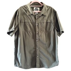 Old Mill Mens Large Olive Green Ripstop Short Sleeve Hiking Fishing Button Shirt